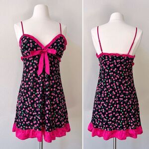 Vintage Jennifer Moore Hearts And Cherry Print Babydoll Nightgown Small Mini Y2K